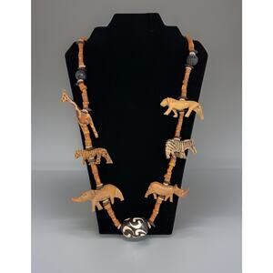 Hand Carved Wooden Necklace Beads Safari Animals Tribal 31" Zebra Elephant More